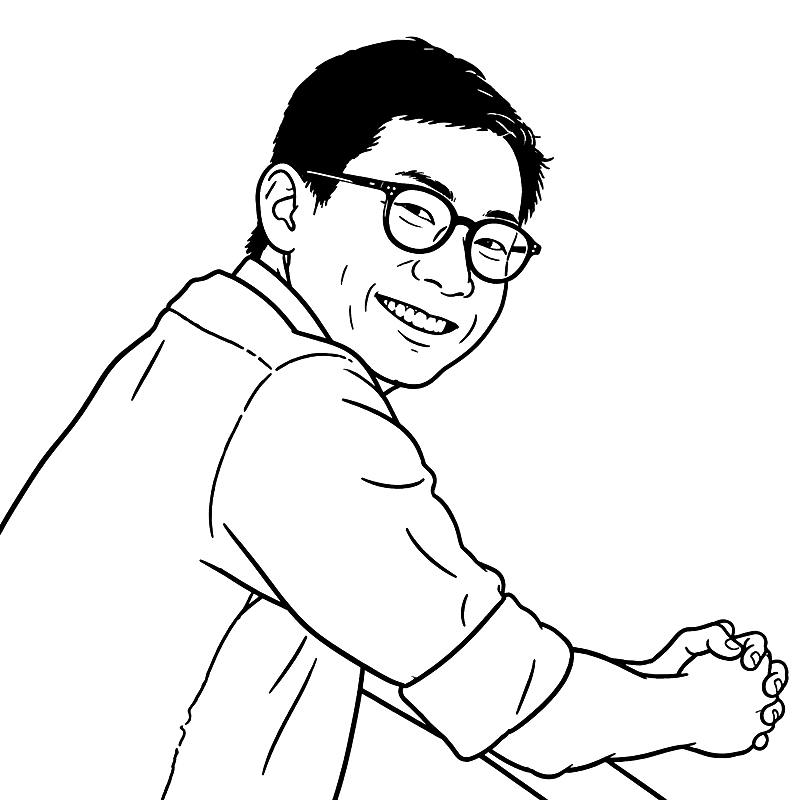 Line portrait of Suthat Ronglong, smiling and wearing round glasses.
