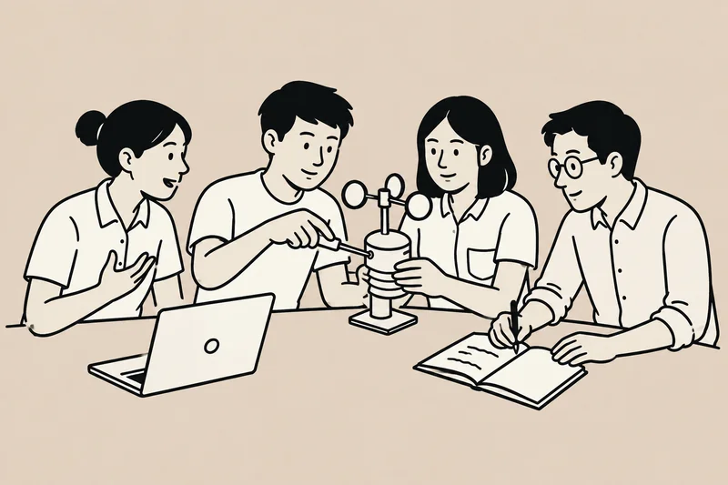 Line illustration of a team sharing ideas and building a prototype around a table.