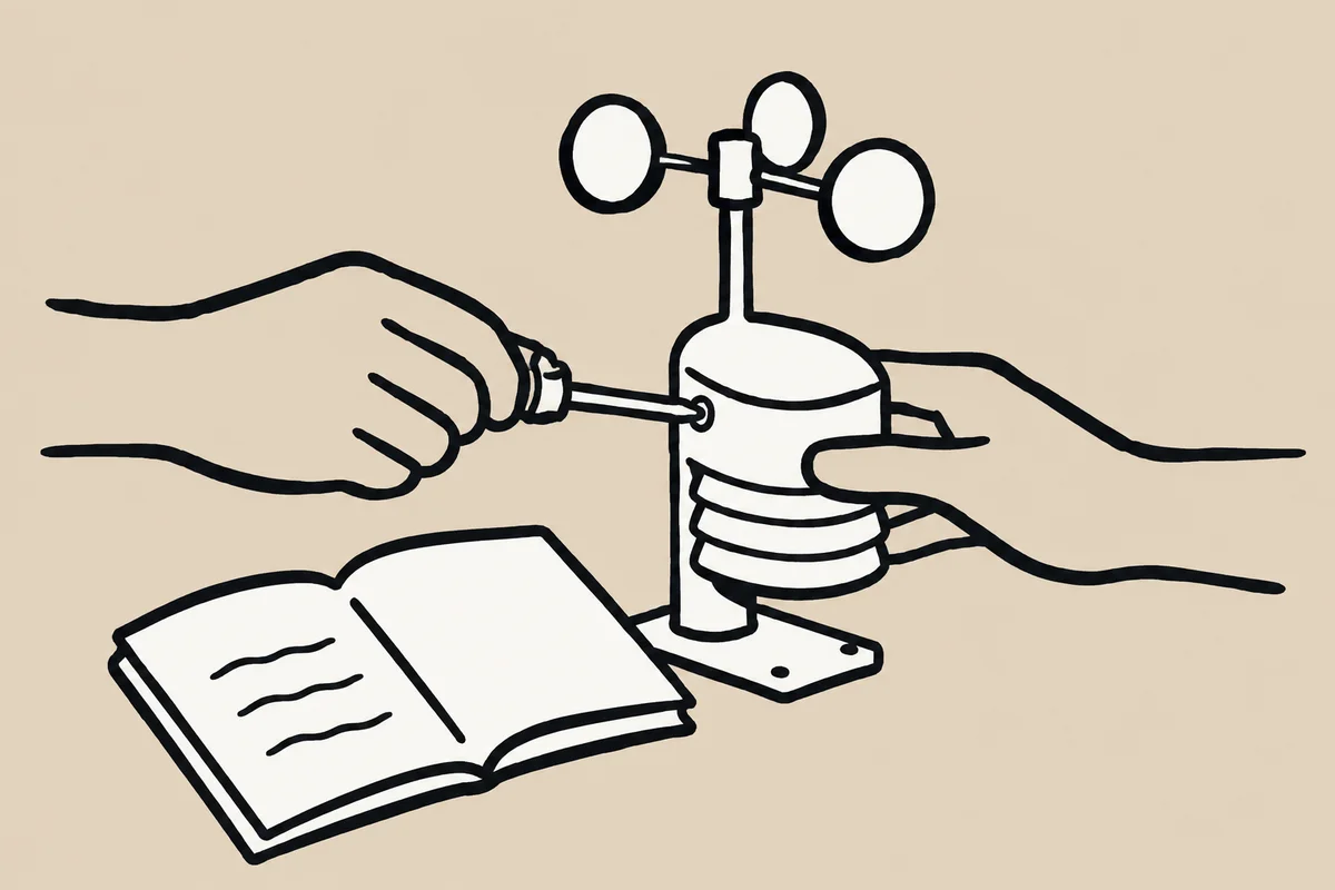 Editorial drawing of two people’s hands working together on a weather sensor prototype.