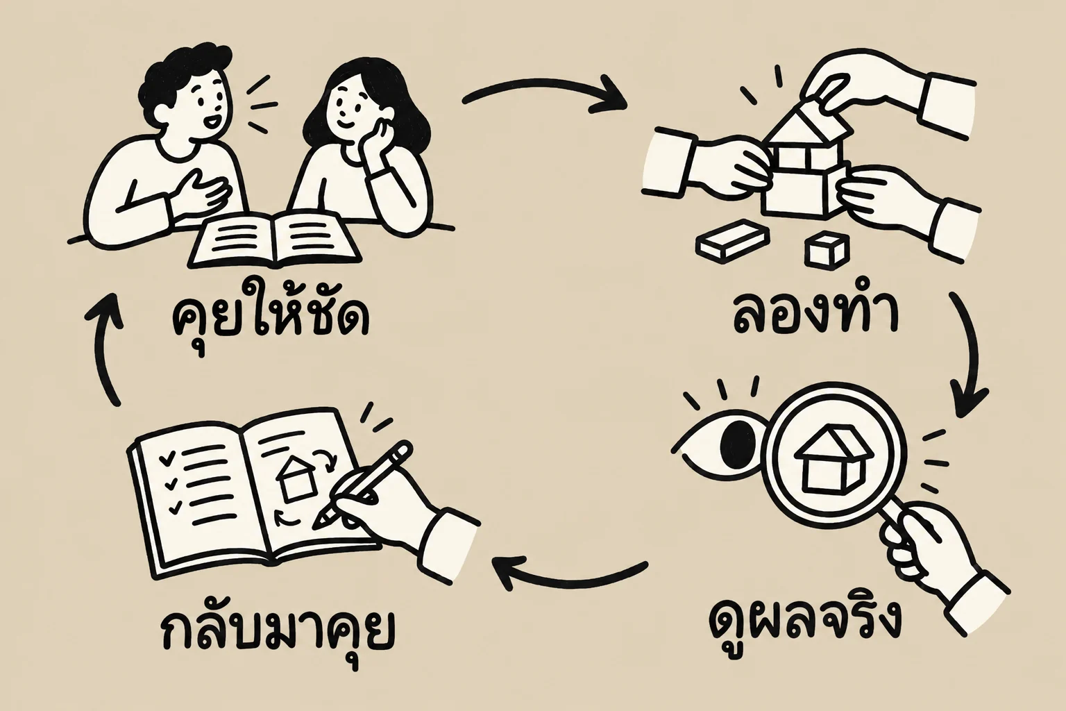 วงจรสี่ขั้นจากคุยให้ชัด ไปลองทำ ดูผลจริง และกลับมาคุย โดยมีลูกศรย้อนกลับให้ปรับความเข้าใจร่วมกัน