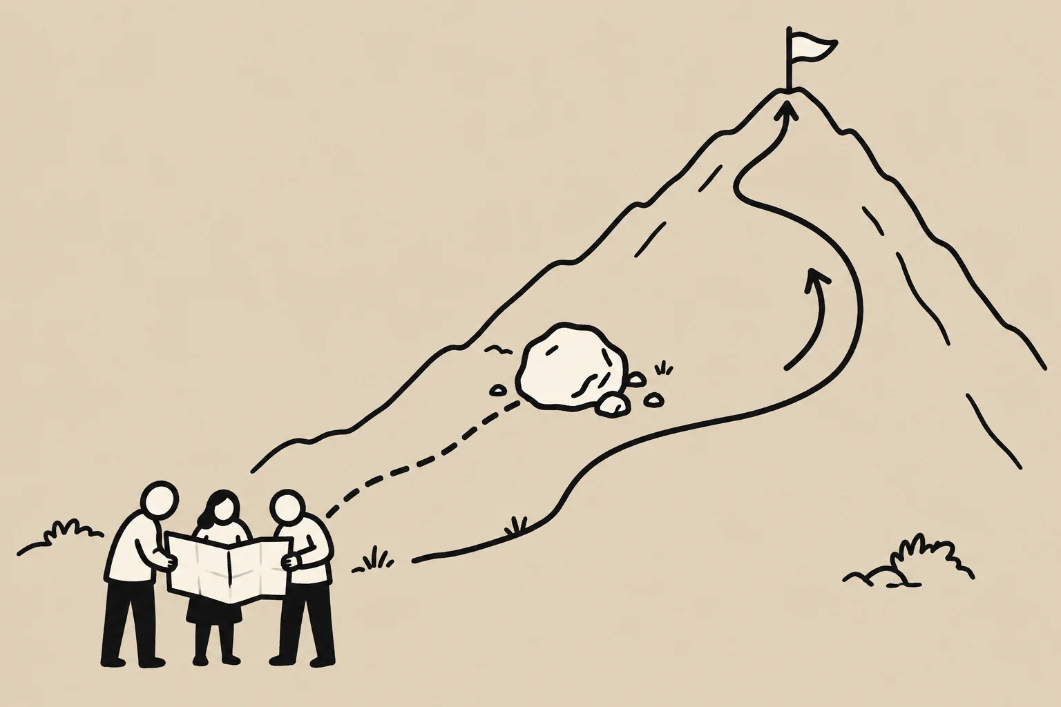 Three people look at a map at the foot of a mountain. A boulder blocks the original path, while another route leads to the same flag at the summit.