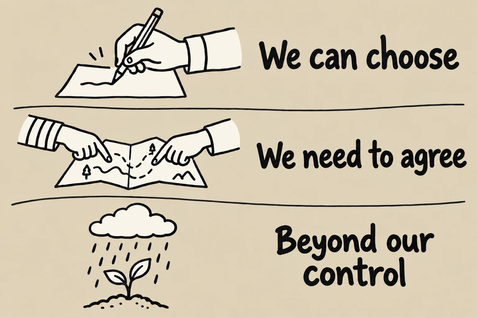 Three rows distinguish what we can choose, shown by a hand writing; what we need to agree on, shown by two hands over a shared map; and what is beyond our control, shown by rain over a sprout.