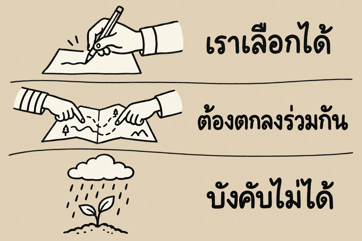 ภาพสามส่วน แยกสิ่งที่เราเลือกได้ด้วยรูปมือเขียน สิ่งที่ต้องตกลงร่วมกันด้วยมือสองคนบนแผนที่ และสิ่งที่บังคับไม่ได้ด้วยเมฆฝนเหนือต้นไม้