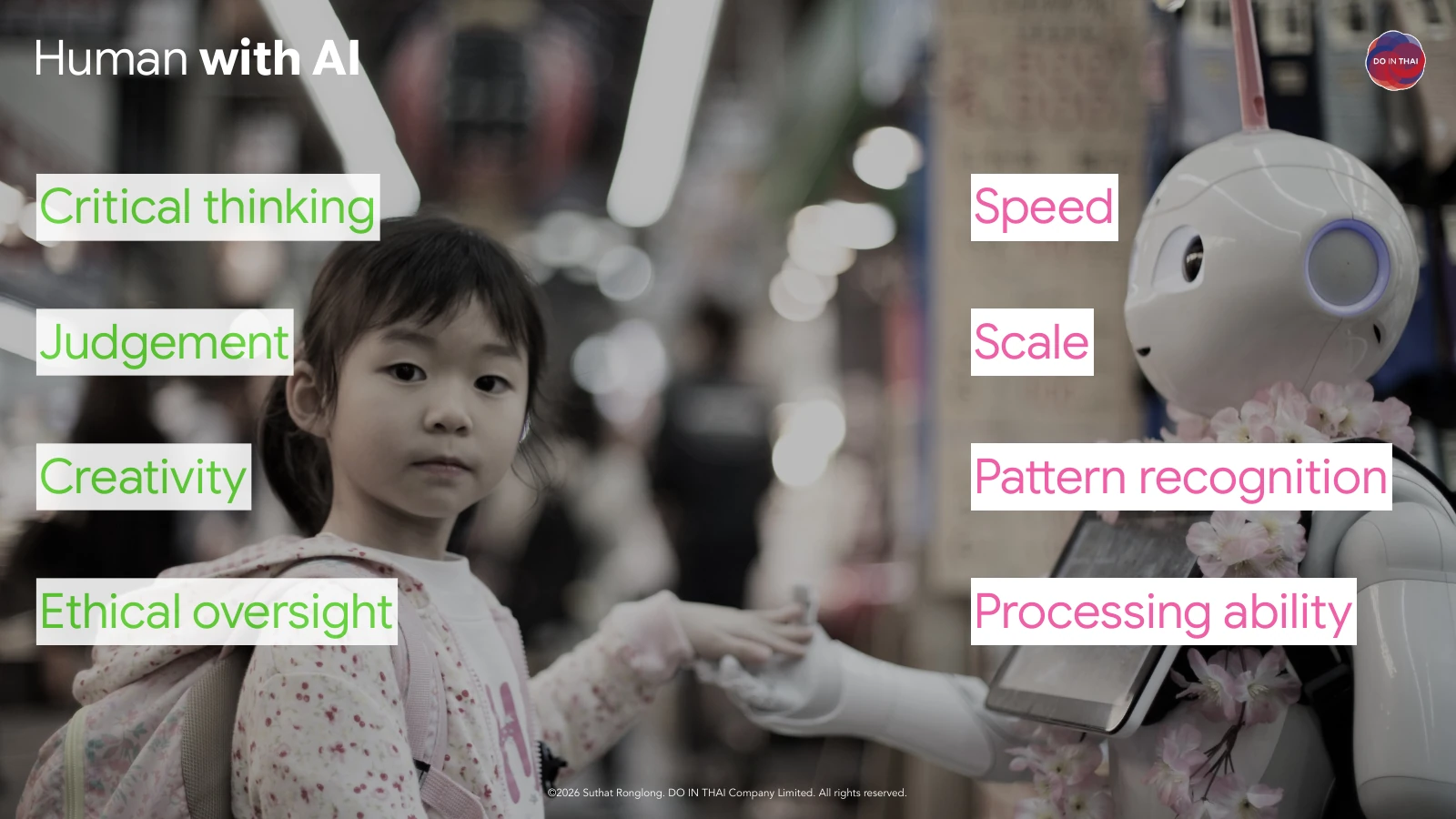 Human with AI: human thinking, judgement, creativity and responsibility, together with AI's speed, large-scale data processing and pattern recognition.