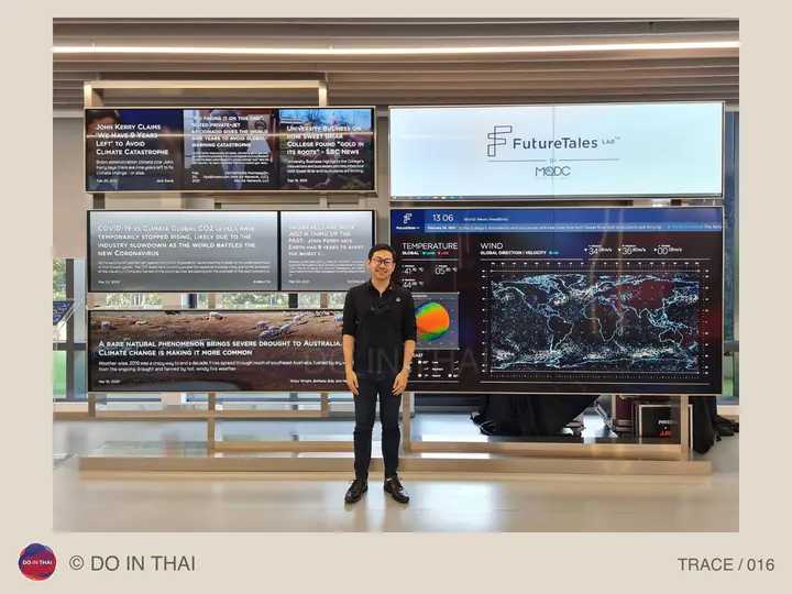 A person stands before maps, charts, and information screens at FutureTales Lab.