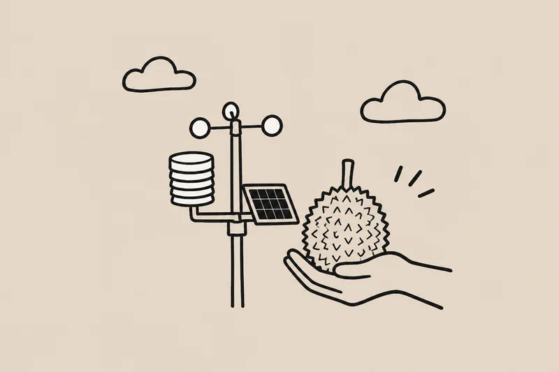 A farmer holds a durian beside an illustrated weather station fitted with a wind sensor.