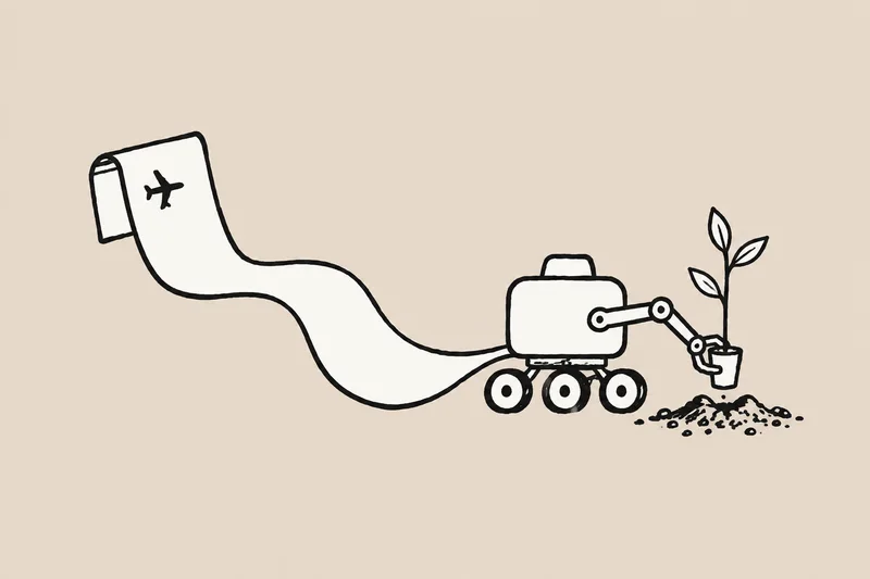A line connects an illustrated boarding pass to a small robotic vehicle planting a young tree.