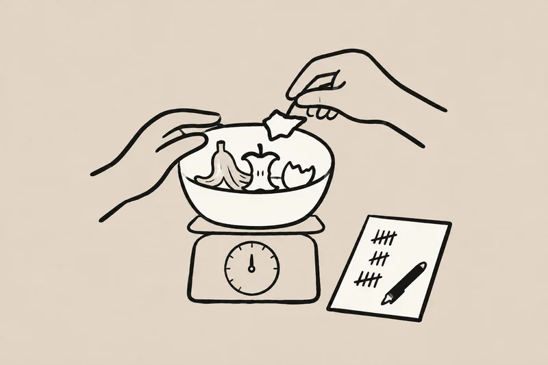 Hands place food scraps on a scale and write the weight in a record book.