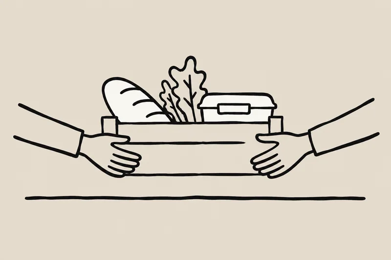 Two pairs of hands pass a crate of food across a counter.