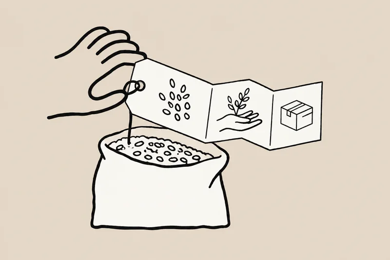 An illustrated tag opens above a sack of rice, linking the grower, the grain and its delivery.
