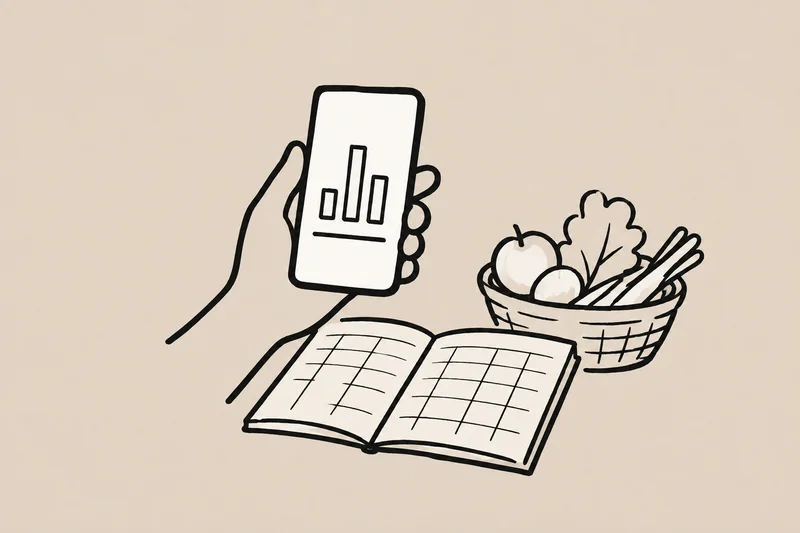 A shopkeeper looks at a phone beside an open account book and a basket of vegetables.
