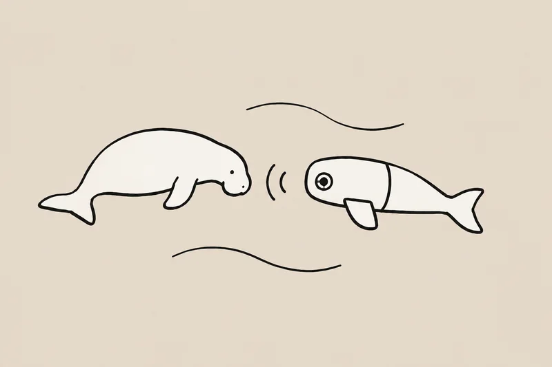 An underwater scene shows a dugong beside a research robot with a similar shape and a camera.