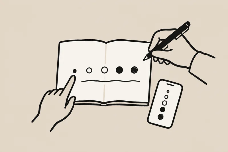 A patient and a care professional look together at pain records on a phone and in a notebook.