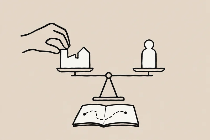 A hand adjusts a balance with a small business on one side and people on the other.