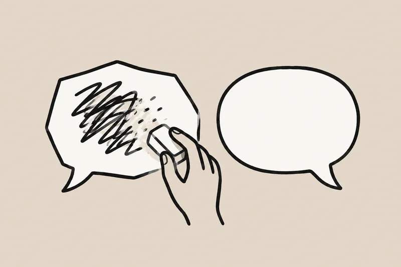An eraser held in one hand removes dark scribbles from inside a speech bubble.